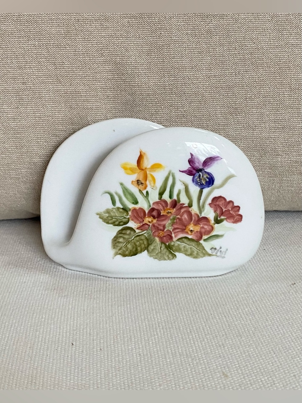 VTG Hand Painted Ceramic Double Sided Floral Napkin Holder Signed Cottagecore
